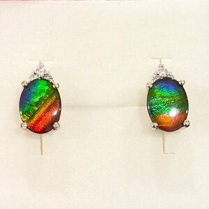 14K Ammolite Earrings Diamond Accent White Gold Rainbow AAA Oval Solitaire Studs